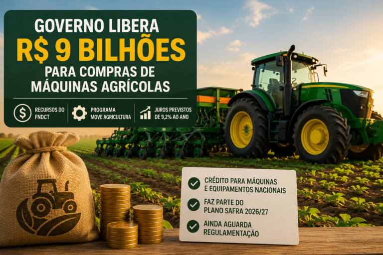 Governo destina R$ 9 bilhões para financiar máquinas agrícolas nacionais Trator agrícola em lavoura representando financiamento para compra de máquinas agrícolas no Brasil.