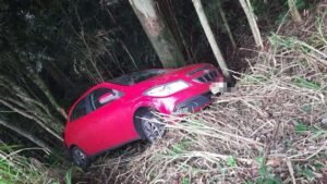Chevrolet Onix após sair da pista e colidir contra uma árvore na ERS-135, no km 75, em Erechim; acidente não deixou feridos.