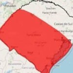 Mapa do alerta vermelho do INMET para tempestades no Rio Grande do Sul.
