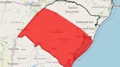 Mapa do alerta vermelho do INMET para tempestades no Rio Grande do Sul.