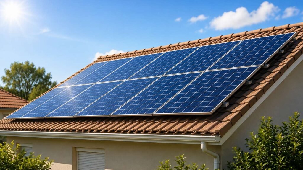 Painéis solares instalados no telhado de uma residência