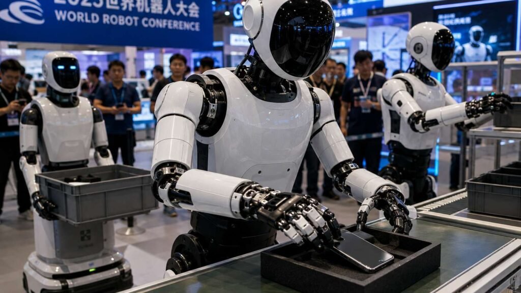 Robôs humanoides são apresentados em tarefas industriais e domésticas na China.