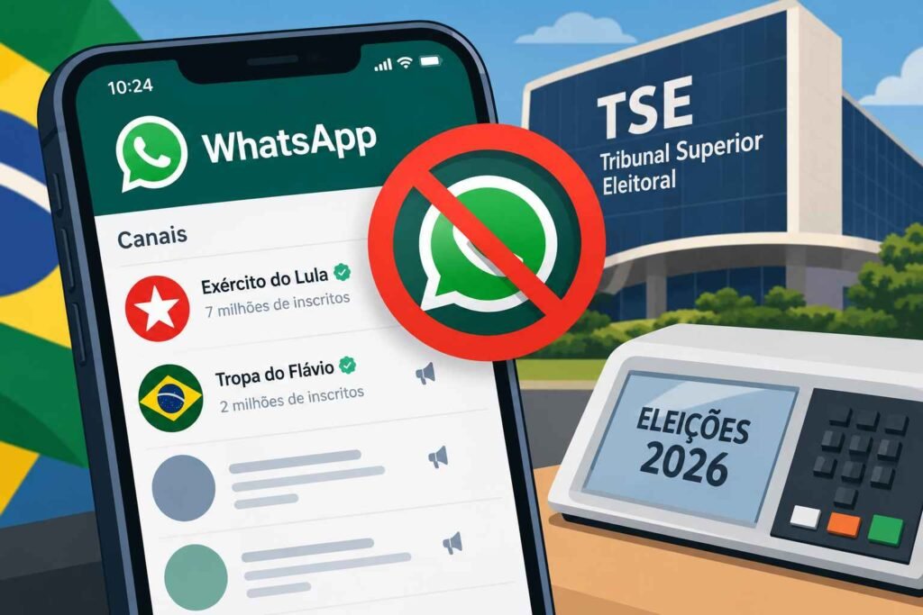 Ilustração do aplicativo WhatsApp relacionada à proposta do TSE sobre canais políticos durante as eleições.
