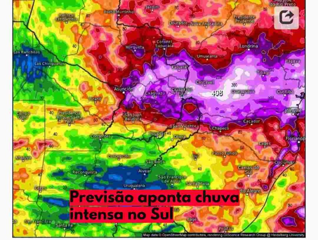 Mapa de previsão de chuva intensa no Paraná e em Santa Catarina.