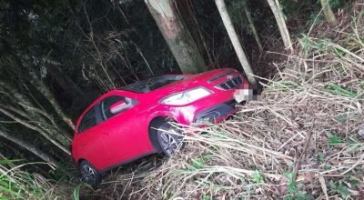 Chevrolet Onix após sair da pista e colidir contra uma árvore na ERS-135, no km 75, em Erechim; acidente não deixou feridos.