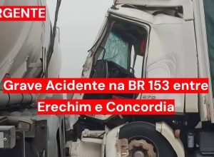 Acidente na BR-153 entre Concórdia e Erechim envolve caminhão e carreta