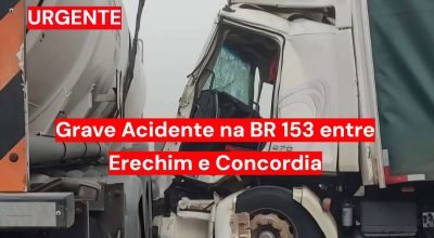 Acidente na BR-153 entre Concórdia e Erechim envolve caminhão e carreta