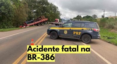 Colisão frontal entre um Gol e um caminhão deixou dois motoristas mortos na BR-386.