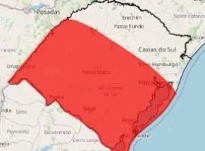 Mapa do alerta vermelho do INMET para tempestades no Rio Grande do Sul.