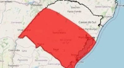 Mapa do alerta vermelho do INMET para tempestades no Rio Grande do Sul.
