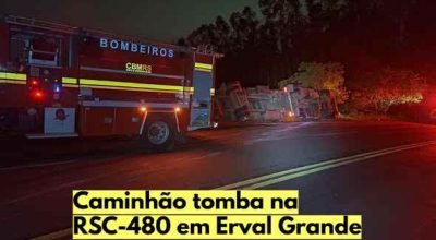 Caminhão de carga tombado em rodovia, em imagem ilustrativa de acidente de trânsito.
