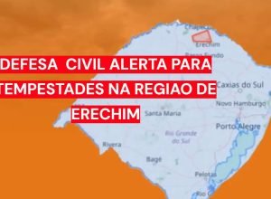 Defesa Civil alerta para tempestade, granizo e vento perto de Erechim