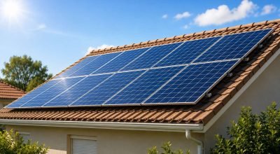 Painéis solares instalados no telhado de uma residência