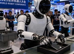 Robôs humanoides são apresentados em tarefas industriais e domésticas na China.