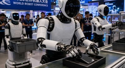 Robôs humanoides são apresentados em tarefas industriais e domésticas na China.